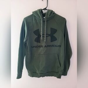 Under Armour Men's Small Green Black Print Logo Hooded Pocket Pullover Sweater